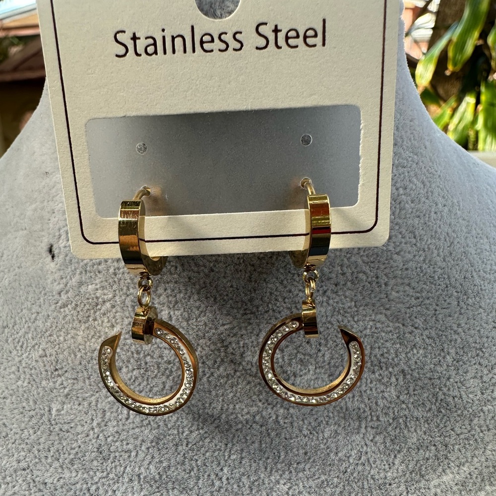 New Stainless Steel Gold Hoop Earrings with Crystal Accents